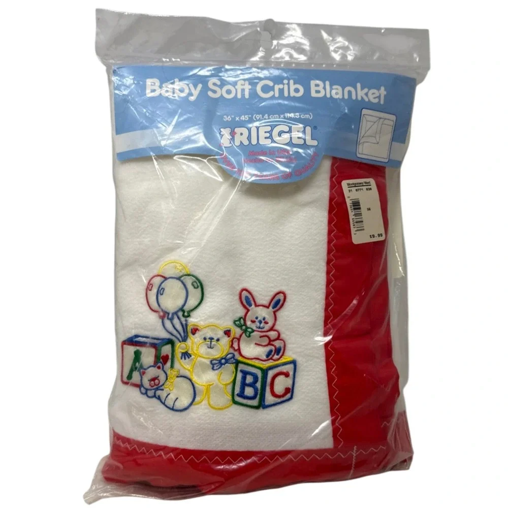 Riegel Crib Blanket Kids 36x45 White Red NEW‎ Vintage Embroidered ABC Animals